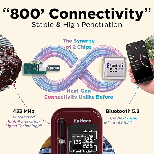 Wireless Meat Thermometer with Digital Meat Probe, Measures Internal & Ambient Temp, 800FT Bluetooth Meat Thermometer with Host Control for Barbecue, Outdoor Grilling, Oven & Smoker (Red)