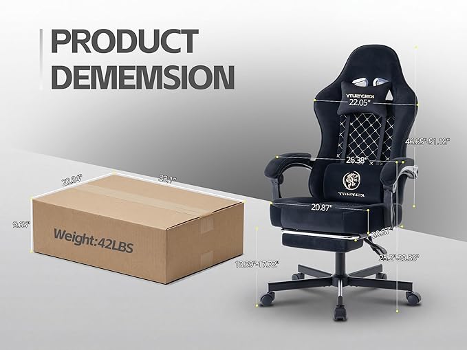 Gaming Chair for Adults with Footrest and Lumbar Support, Height Adjustable Game Chair with 360°-Swivel Seat and Headrest and for Office or Gaming (Black Fabric)