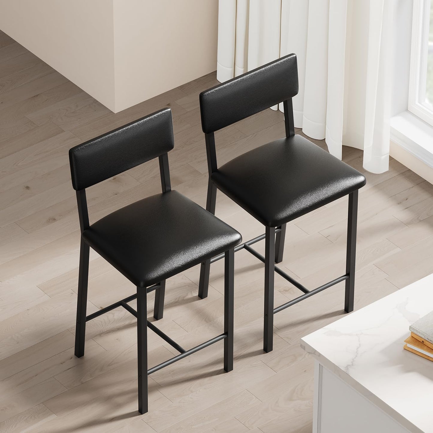 Garvee Bar Stools Set of 2, Kitchen Barstools with Thick Cushion, 25 Inch Counter Height Bar Stools with Backrest and Footrest, for Dining Room, Kitchen Island Counter Chairs, Retro Black