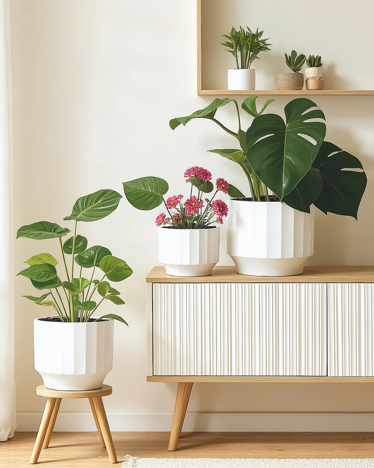 OXART Ceramic Plant Pot, 7.6+6.2+5 inch Planter with Drainage Hole, Set of 3 Modern Plant Pots for Intdoor/Outdoor, Home Garden Flower Pots for Plants Cacti, Succulents, Snakes, and Pothos, White