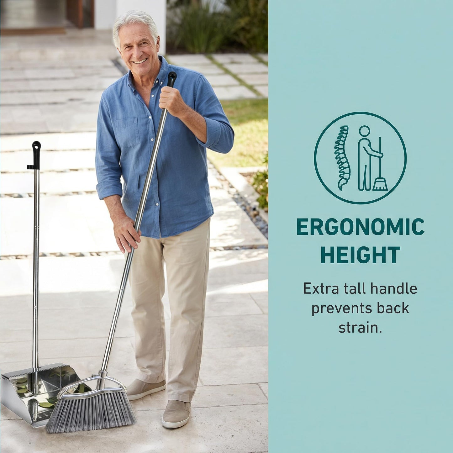 Metal Dustpan and Heavy Duty Broom Set, Stand Up Dustpan with Outdoor Stiff Bristles Broom for Hardwood Patio Room Office Floor Sweeping