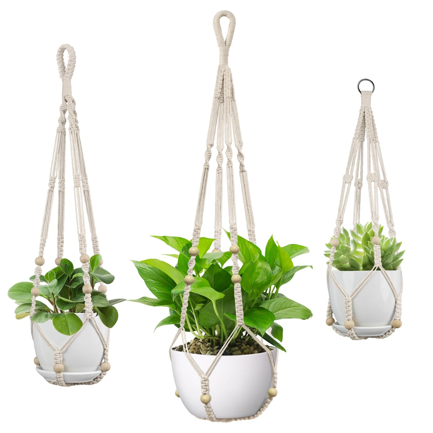 USLAI Macrame Plant Hanger Indoor Outdoor, Fits 4 to 15 Inch Pots, Strong Hanging Planter Holder, Boho Home Decor, 23+29+35 Inch, Ivory (POTS NOT Included)