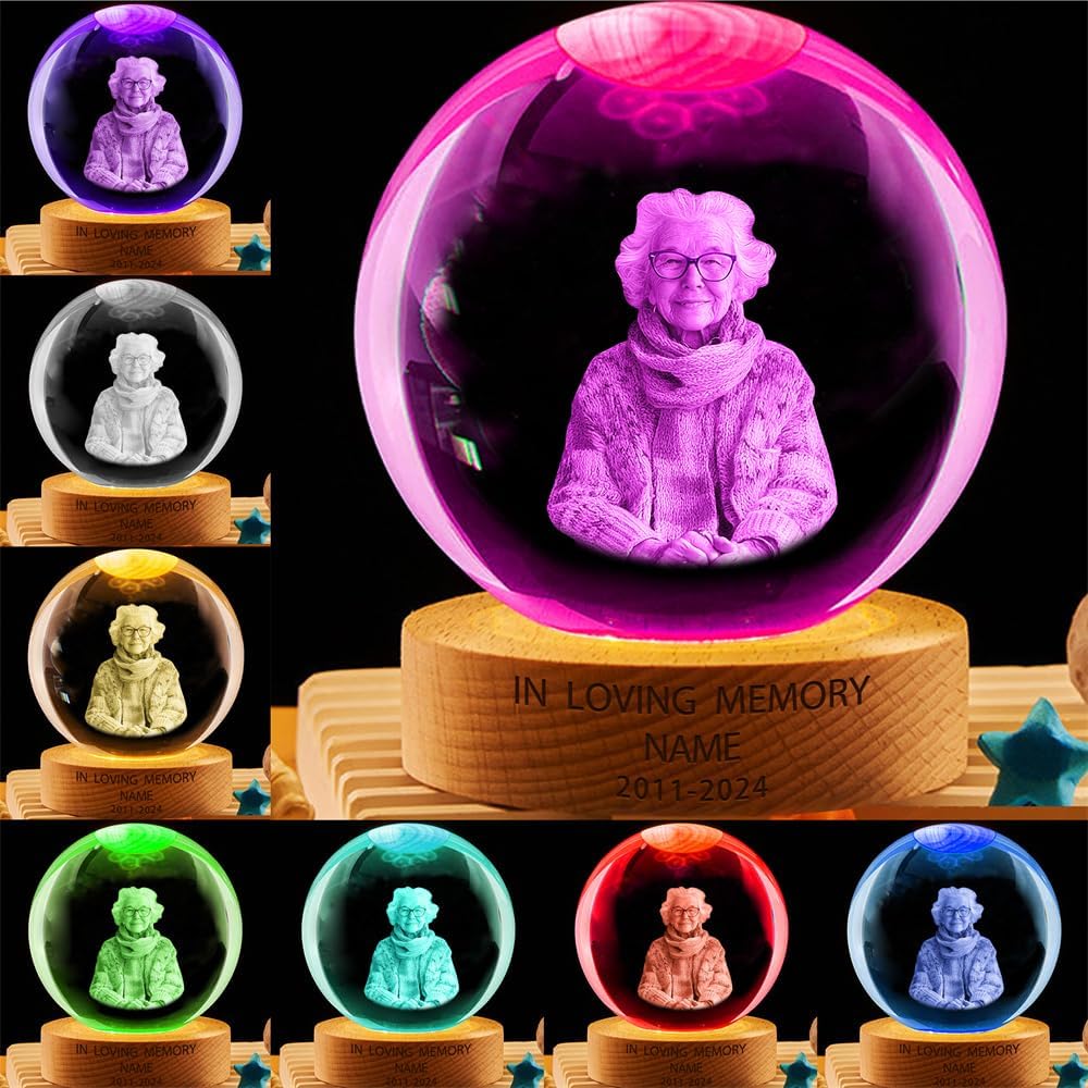 Personalized Mom Mama Grandma photo Memorial Crystal Globe Night Light Gift for Women, Custom photo picture Grandma 3D Memory Crystal Ball Lamp for Bedroom Room Decor,Sympathy Gift of Remembrance
