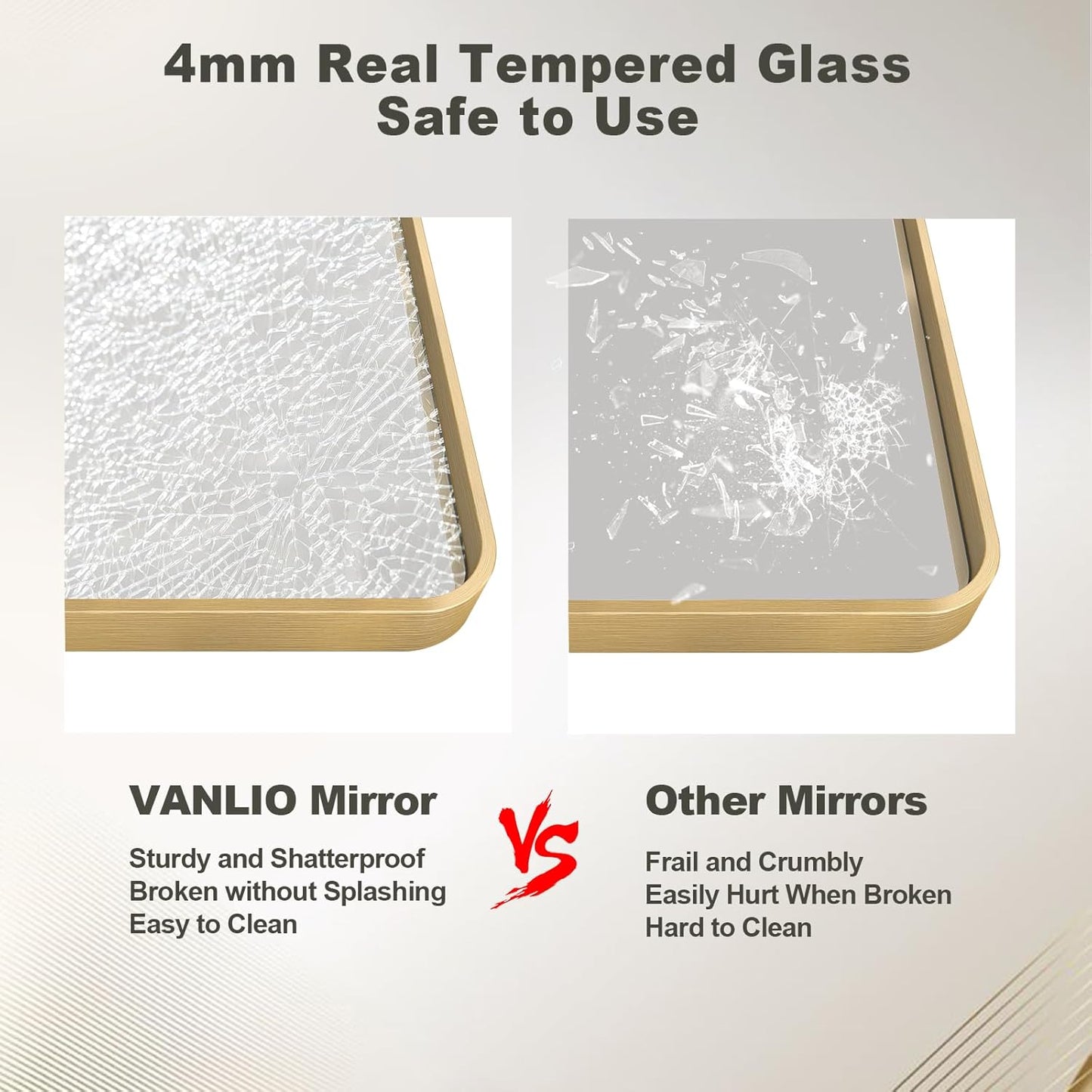 24x36 Inch Gold Framed Bathroom Mirror, Brushed Gold Metal Vanity Mirror, Gold Rectangle Mirror for Wall, Rounded Corner, Tempered Glass, Anti-Rust, Shatterproof (Horizontal/Vertical)