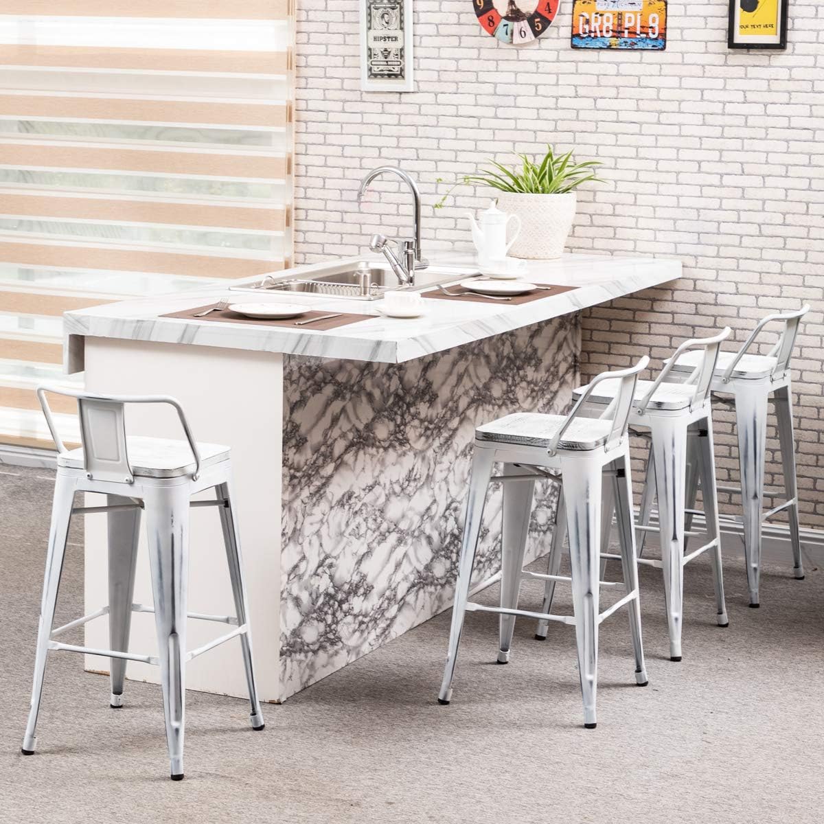 Yongchuang Industrial Metal Barstools Set of 4 Counter Height Bar Stools with Back (24" Seat Height Wooden Top Low Back, Distressed White)