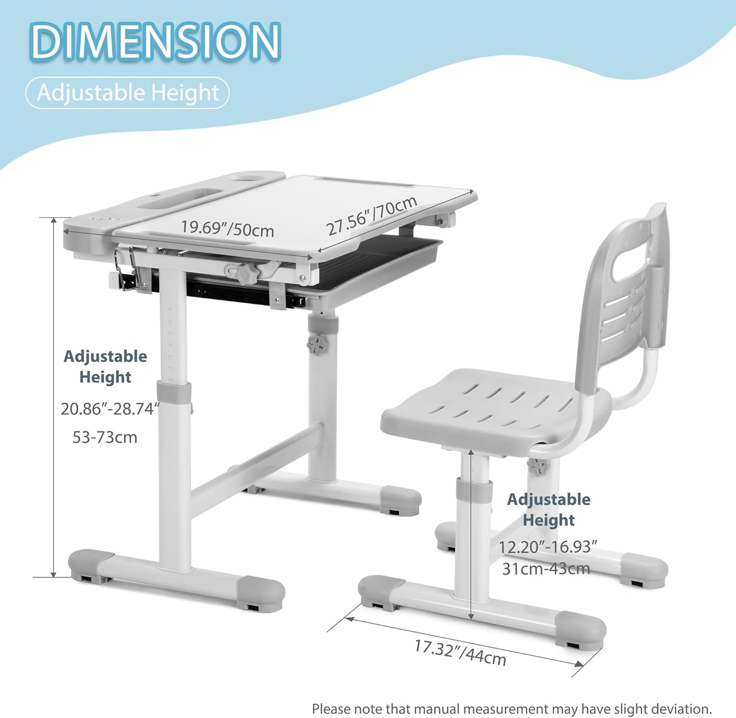 Rengue Kids Desk and Chair Set Height Adjustable School Study Desk and Chair with 55° Tiltable Desktop, 3 Modes &3 Brightness LED Lamps, Storage Drawer and Metal Hook for Boys Girls Gifts (Grey)