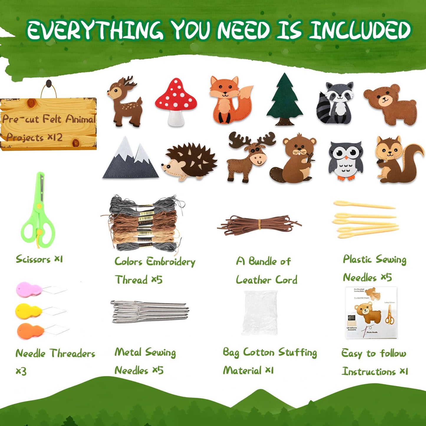 GOASION Sewing Kit for Kids, Woodland Animals Kids Sewing Kit, Pre Punched Design for DIY Hanging Decorations, Sewing Tit for Beginners Age 8-12, Boys & Girls Birthday Gift