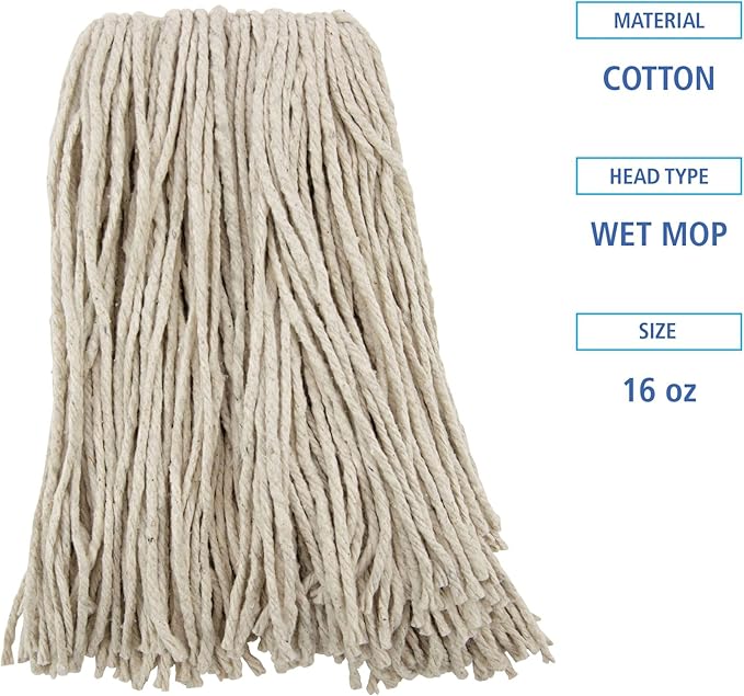 Boardwalk Premium Cut-End Wet Mop Heads, Cotton, 16oz, White, 12/Carton