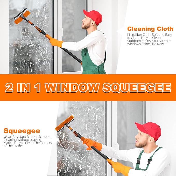 36FT Reach Window Squeegee with Extension Pole, 2-in-1 Professional Window Washing Kit for Home, Indoor Outdoor Squeegee with Rotatable Head for High Windows