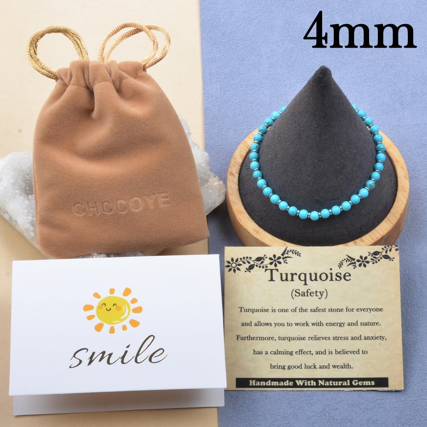 CHCCOYE 4mm Handmade Adjustable Natural Gemstone Crystal Bracelet Healing Power Energy Inspirational Gifts with Card for Unisex (Turquoise)