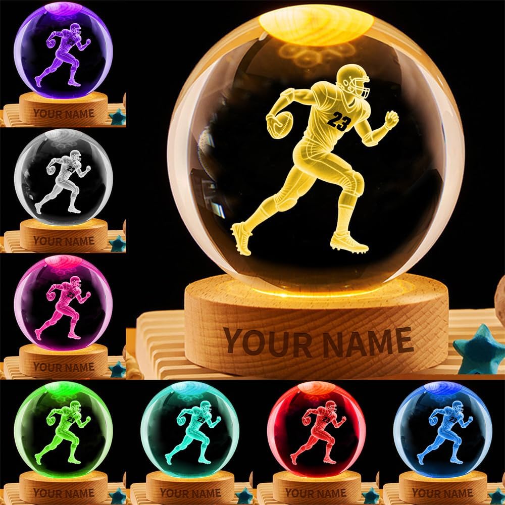 Personalized Football Crystal Night Light Gift for Men Women, Custom Name/Number Football Player 3D Crystal Ball Night Light Lamp for Bedroom Room Sports Decor Party Bar Christmas Birthday Gift