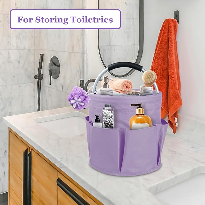 17L Portable Shower Caddy for Women, Foldable Cleaning Caddy with Handle and 6 Pockets, 600D Oxford Fabric Garden Tool Bag, Multifunctional Storage Basket for College, Dorm, Family, Purple