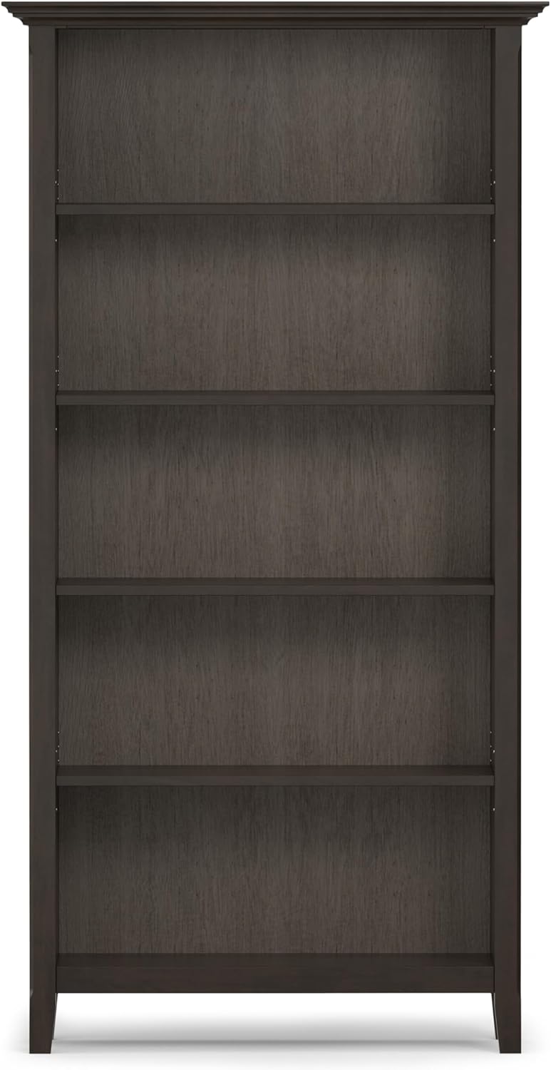 SIMPLIHOME Amherst Bookcase - 70 inch Tall 5-Shelf Solid Wood Bookshelf in Hickory Brown, Transitional Storage for Living Room, Study Room or Office with Adjustable Shelves and Tapered Legs
