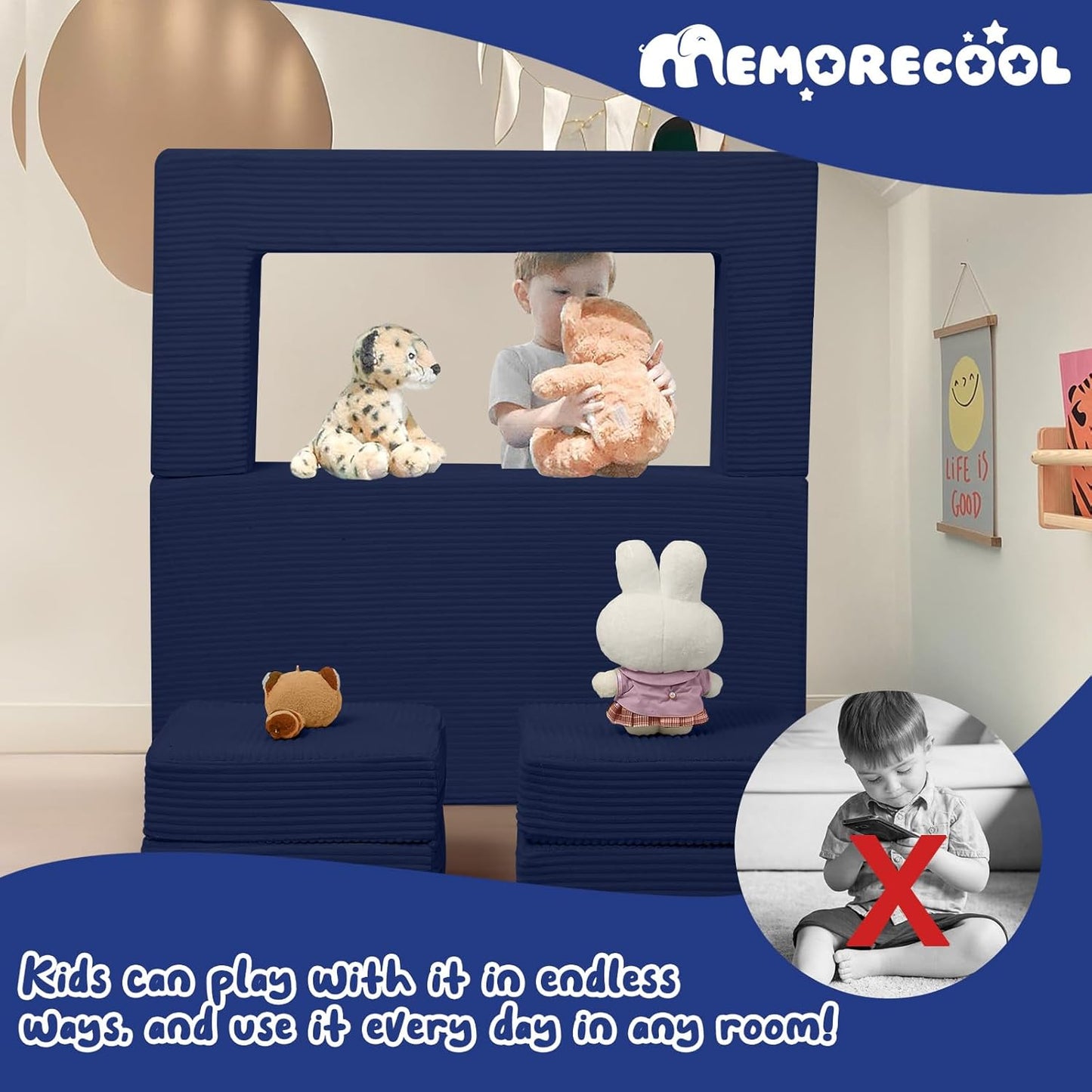 MeMoreCool Modular Kids Couch, Corduroy Play Toddler Couch for Bedroom Playroom Furniture, Convertible Foam Kids Sofa Bed, Fold Out Baby Sofa for Girl Boy, Navy