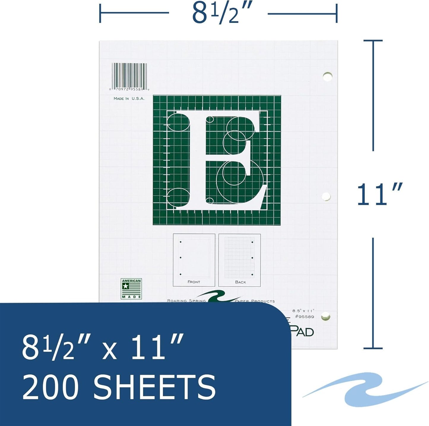 ROARING SPRING Engineering Pad, 8.5" x 11", 200 Sheets 15lb Green Paper, 5x5 Printed Back Grid-to-Edge, Top Glued, 3-Hole Punched, Proudly Made in USA, Heavy Backing Board