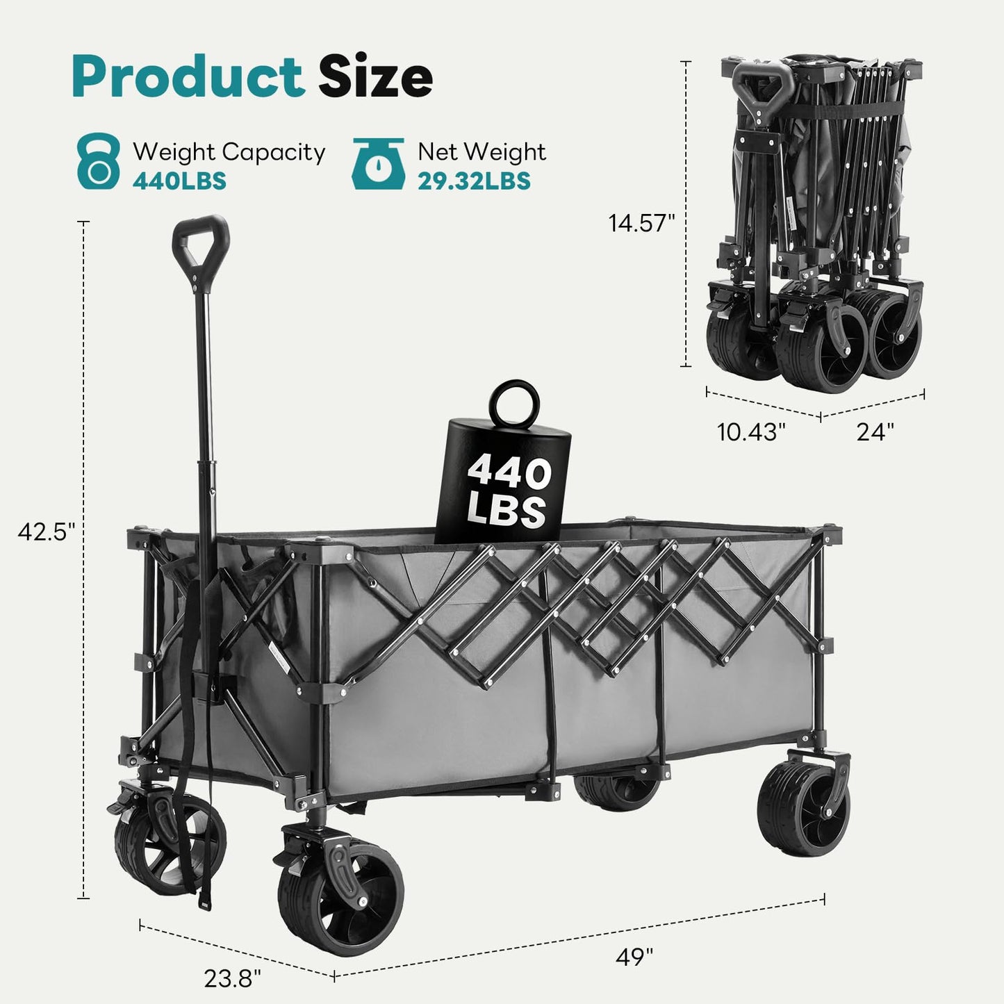 NEWBULIG Wagon Carts Foldable - 440LB Extra-Long Heavy-Duty Collapsible Wagon with All-Terrain Wheels, Portable Storage Shopping Cart for Groceries, Camping, Sports, Beach, Garden