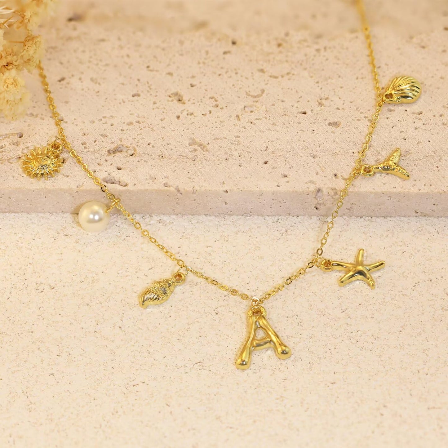 JALZEMPL Initial Charm Necklace For Women Shell Seashell Summer Beach Letter 14K Gold Plated Pendant Starfish Surfer Boho Jewelry Gifts (F)