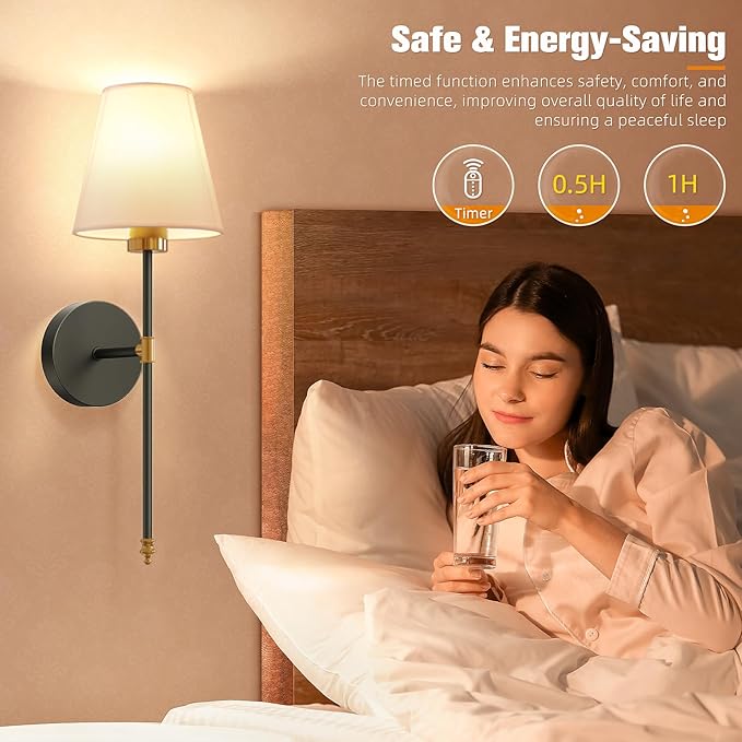 NIORSUN Battery Operated Wall Sconce Set of 2,Gold-Black Rechargeable Wall Lights with 5200mAh Dimmable Bulbs and Remote,9 Colors Wireless Wall Lamps for Bedroom Living Room Hallway Decor