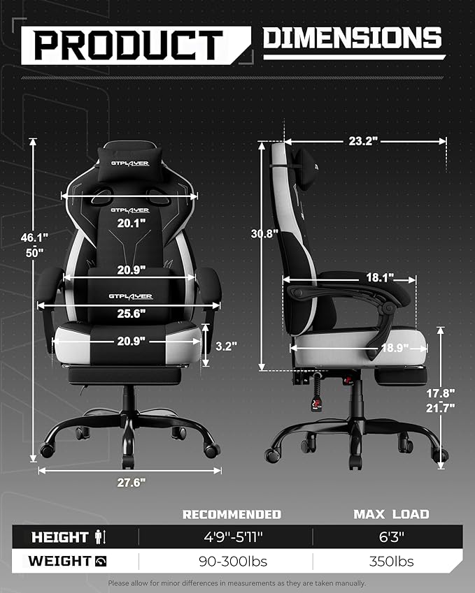 GTPLAYER Gaming Chair, Computer Chair with Footrest and Lumbar Support for Adults, 360°-Swivel Big & Tall Reclining Seat for Office or Gaming (Black)