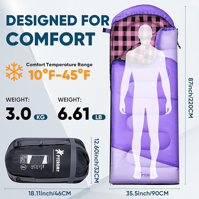 PTEROMY Sleeping Bags for Adults, Lightweight and Machine Washable, Water Resistant Backpacking Camping Sleeping Bag for Warm Cold Weather, Camping Essentials for Hiking Travel