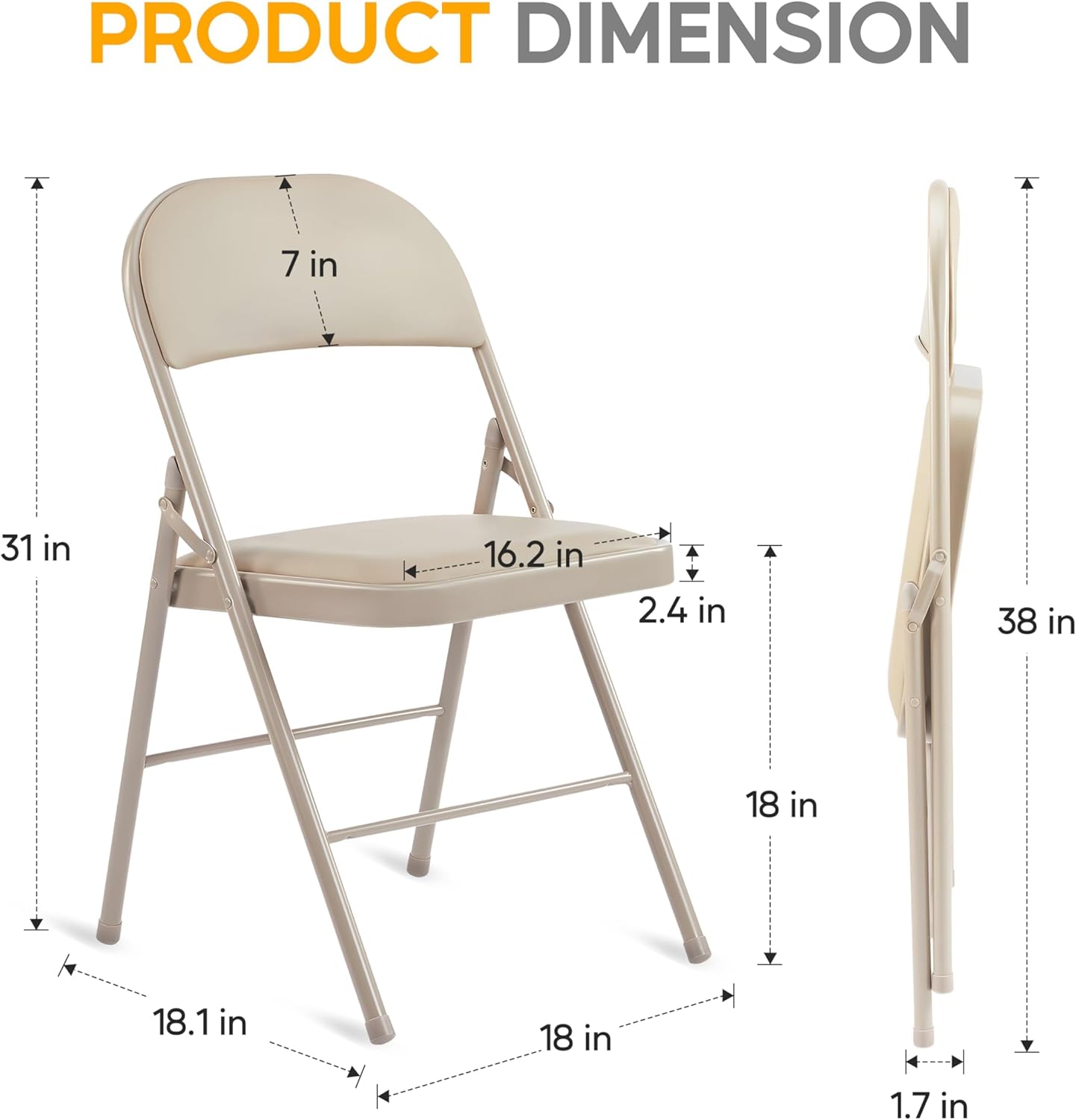 HealSmart 2 Pack Folding Chairs with Padded Leather Cushion Seats, Sturdy Metal Frame, Stackable Portable Design for Indoor Outdoor Use, Commercial Event Party Office Home Chairs, Kahki