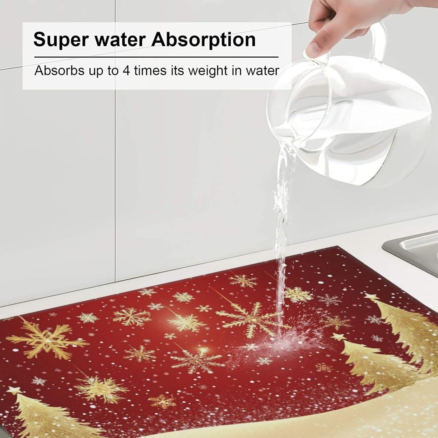 Dish Drying Mat for Kitchen Gold Christmas Tree Pattern Snowflake Counter Absorbent Dishes Drainer Microfiber Small 16x18 Inch