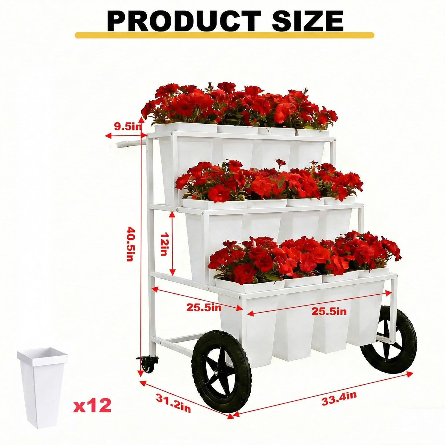 VITNSVILE Mobile Metal Flower Plant Stand, 360° Rolling Flower Display Stand for Indoor Outdoor, Space Saving Flower Bar Stand for Patio, Garden Event White, Black, Gold (White L33.4*W31.4*H*40.5in)