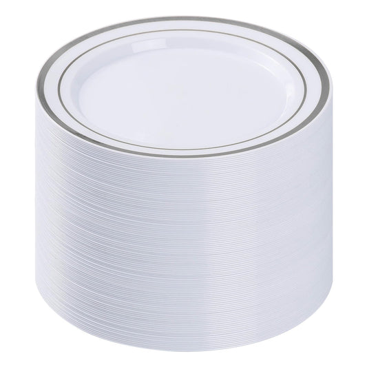 BESTVIP 100PCS Silver Plastic Plates, 10.25 Inch Disposable Dinner Plate Party with Silver Rim for Christmas, Thanksgiving, Heavy Duty Disposable Plastic Plates for Party, Wedding and Birthday, Events