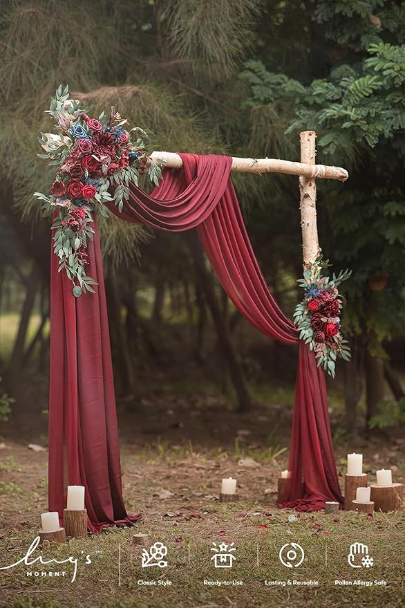 Ling's moment Burgundy Artificial Wedding Arch Flowers Kit Pack of 4, 2pcs Hanging Flower Arrangement 2pcs Chiffon Drapes Ceremony Reception Fake Rose Arbor Backdrop Floral Party Outdoor Decorations