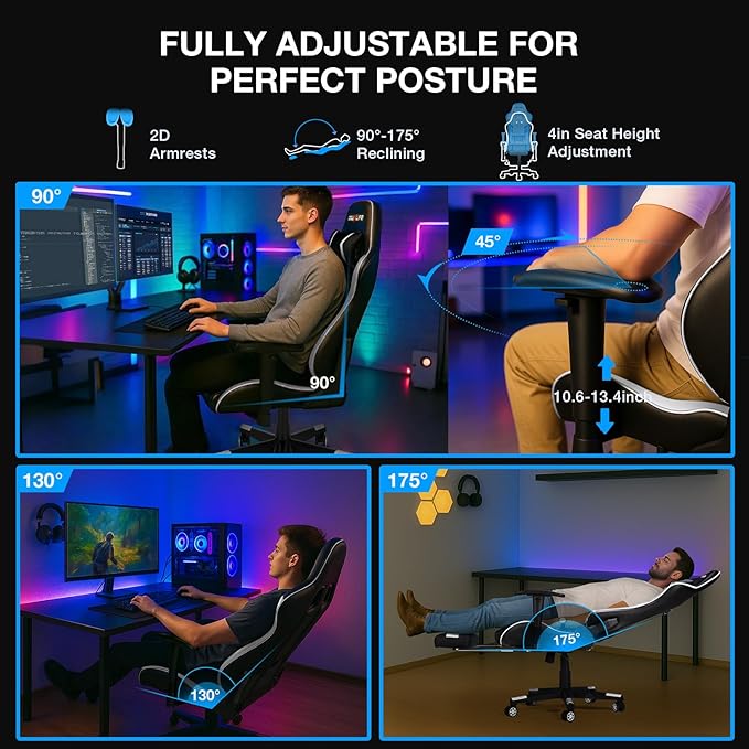 Douxlife 7-Point Massage Gaming Chair, 175° Gaming Recliner with Footrest Ergonomic Computer Office Chair High Back Video Game Chair with Lumbar Support, Upgraded Version Black and White