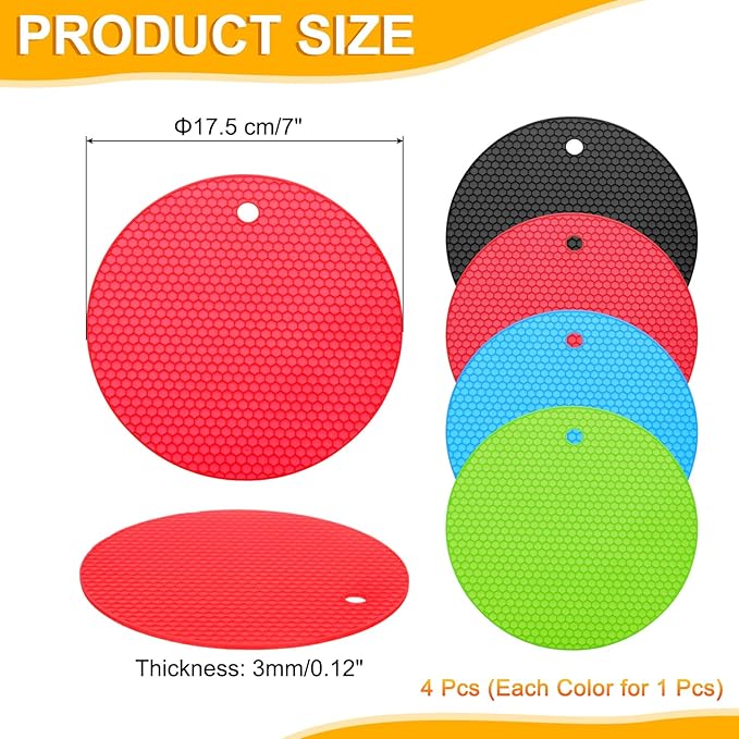 uxcell 4pcs Silicone Jar Opener Pads, 17.5cm/7" Texture Can Opener Multipurpose Round Bottle Lid Opener Non-Slip Coasters for Weak Hands Seniors Children, Red/Blue/Green/Black