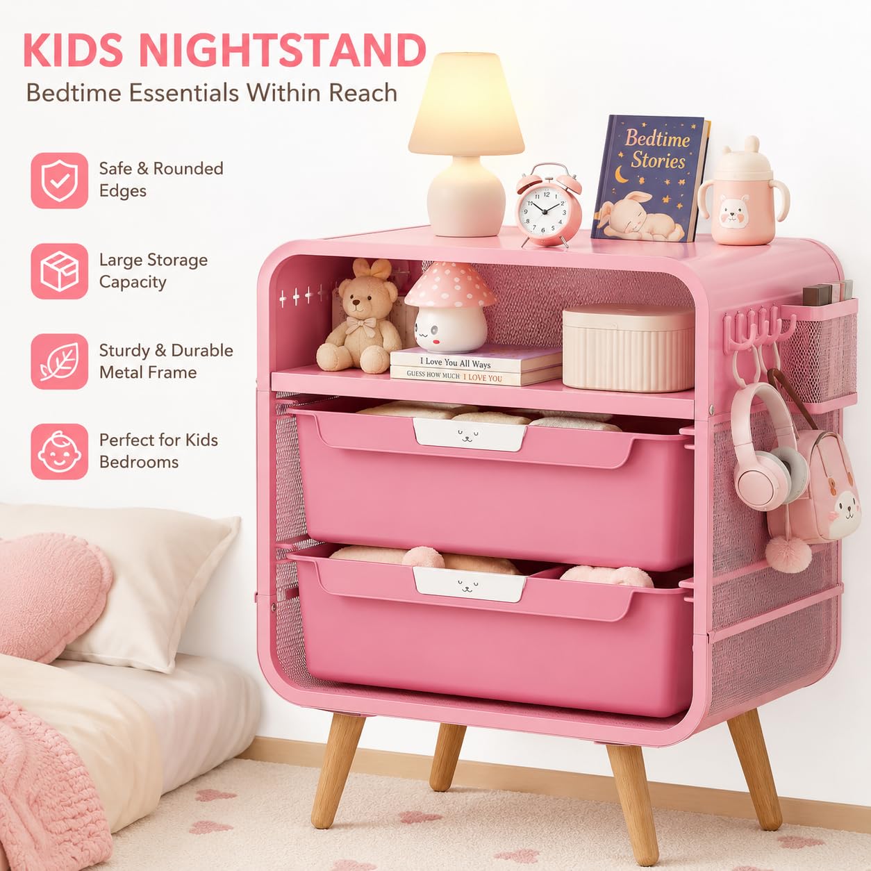SYKIARIOL Pink Nightstand, Cute End Table with Storage Drawer, Kids Nightstand for Bedroom Furniture, Bedside Table Small Desk Coffee Table for Living Room, Dorm, Office