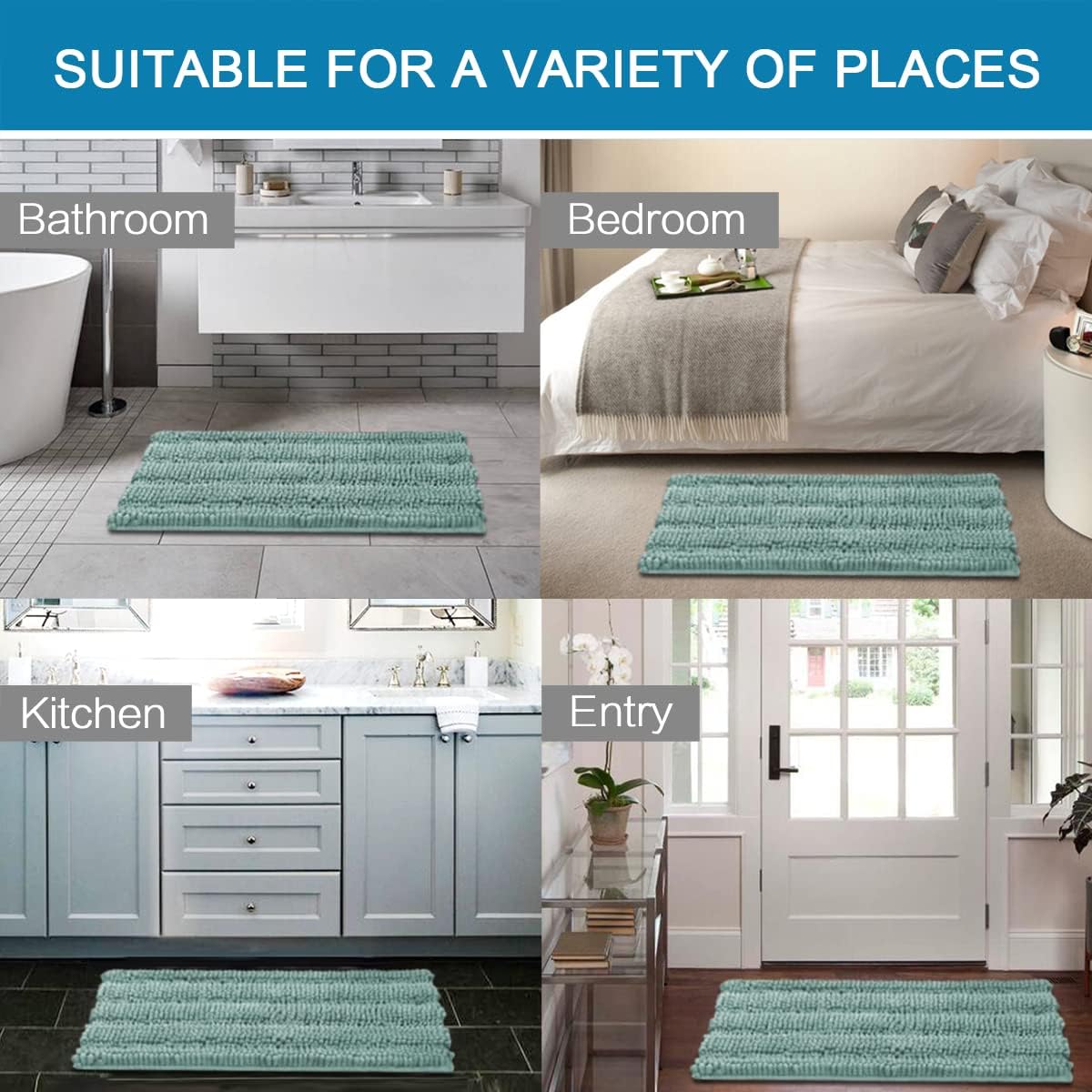 H.VERSAILTEX Bath Mats for Bathroom Non Slip Extra Thick Chenille Striped Bath Rug 24" x 36" Absorbent Non Skid Fluffy Soft Shaggy Rugs Washable Plush Mats for Indoor, Bath Room, Tub - Eggshell Blue