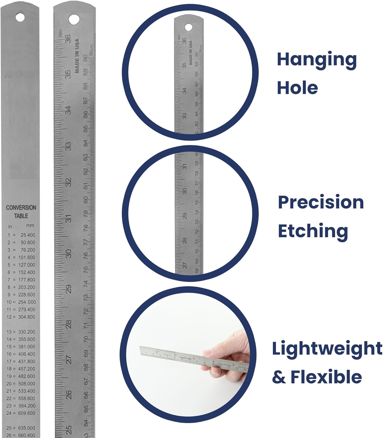 Pacific Arc 36 Inch Stainless Steel Ruler with Inch/Metric Conversion Table