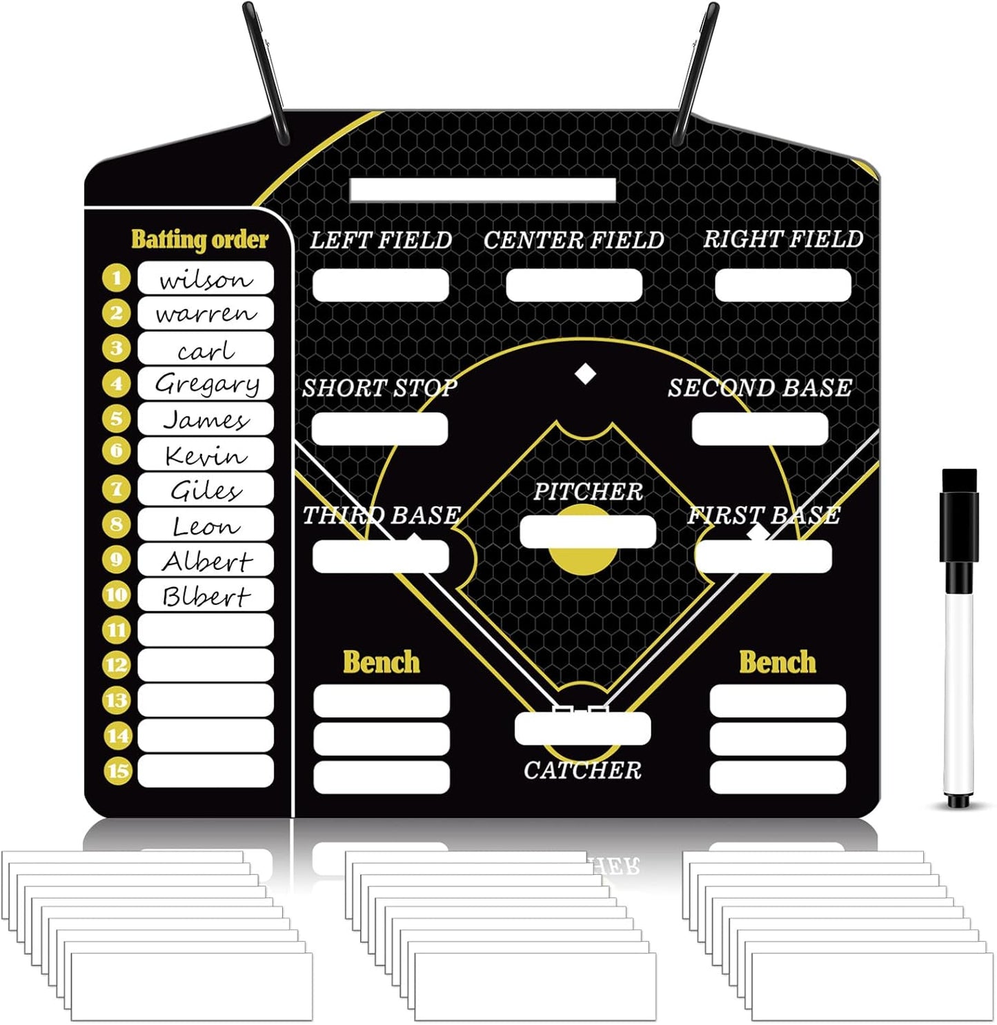 Geyee 34 Pcs Magnetic Baseball Lineup Board for Coach, Erases Easily Magnetic Dugout Board Softball Coaching Board with 30 Lineup Cards 2 Snap Hooks and Marker Pen