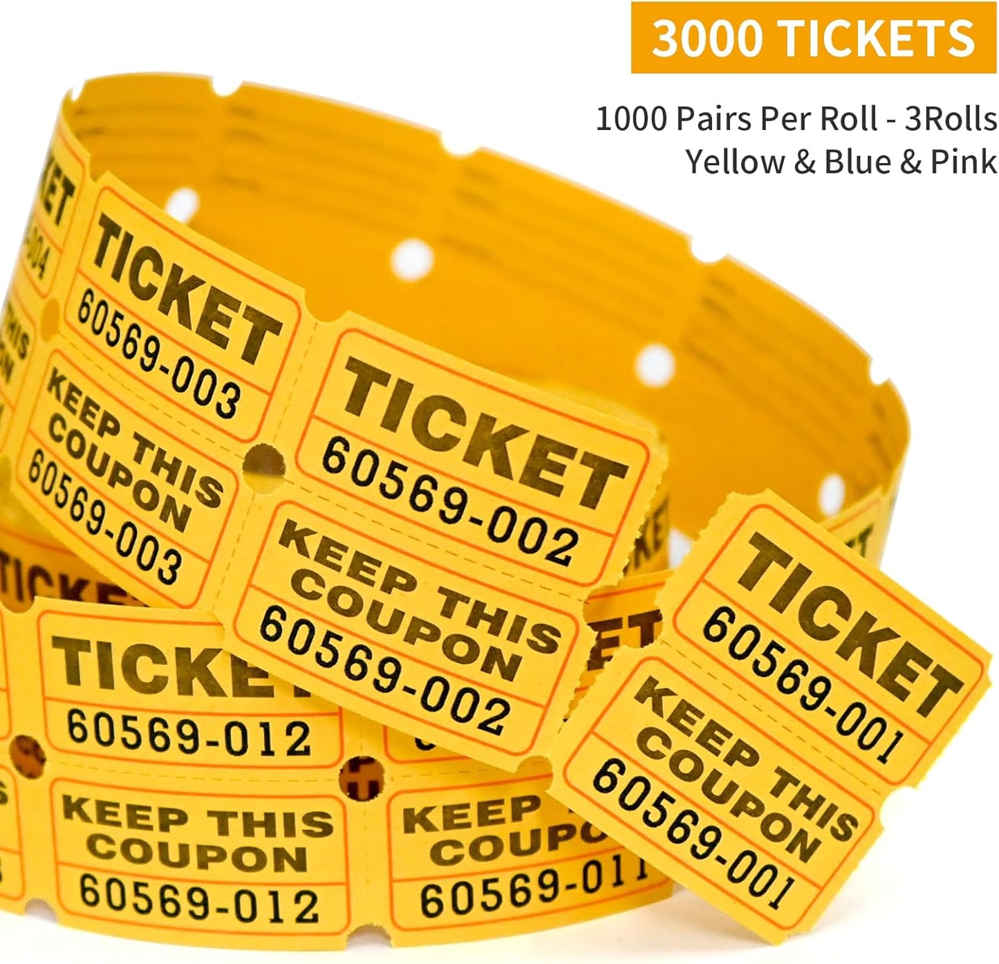 L LIKED 3000 Pcs Raffle Tickets - 3 Color Set of 1000 Pcs 2" x 2" Double Roll Consecutively Numbered 50/50 Tickets for Events& Door Prize- Blue/Yellow/Pink