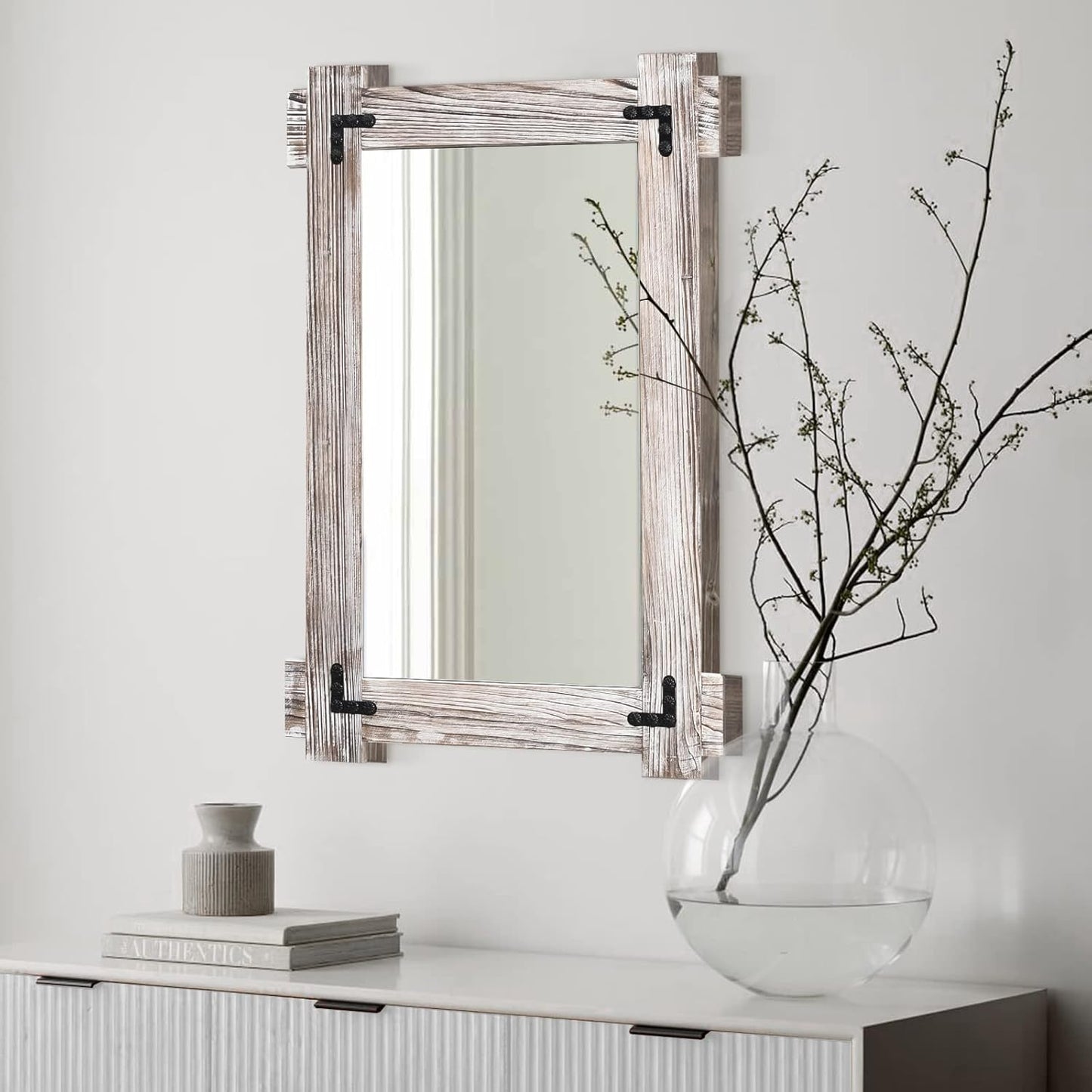 MeMoreCool Farmhouse Rustic Wood Framed Bathroom Mirror, Decorative Wall Mounted Rectangular Mirror for Bedroom, Living Room, or Bathroom, 24x36 Inch, White