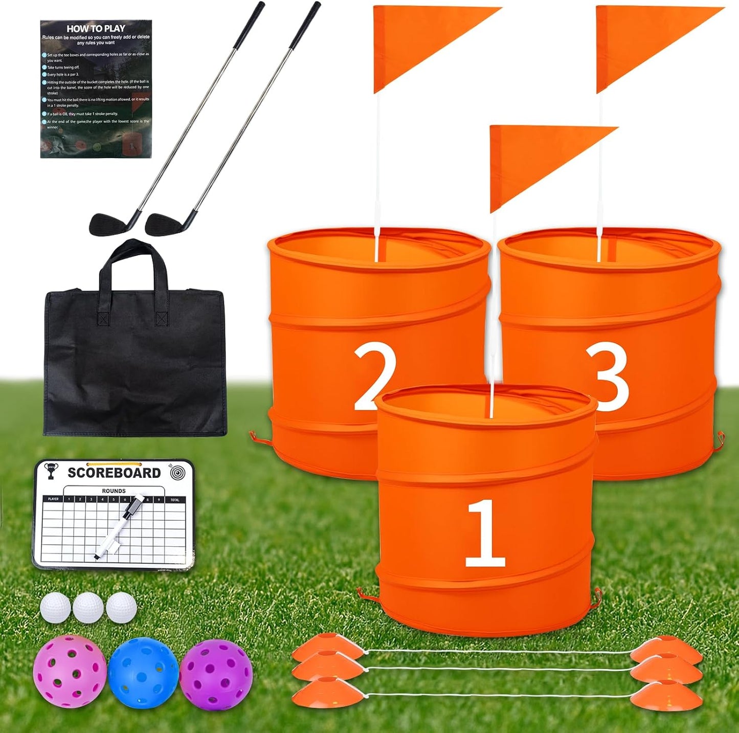 Orange 3PCS Backyard Golf Game, Set with:3Pop-Up Holes + 3 Flags + 6 Tee Boxes + 3 Game Balls + 1 Carrying Bag + 3 Connecting Ropes + 1 Scoreboard + 2 Clubs + 3 Golf Balls + 1 Manual,Outdoor