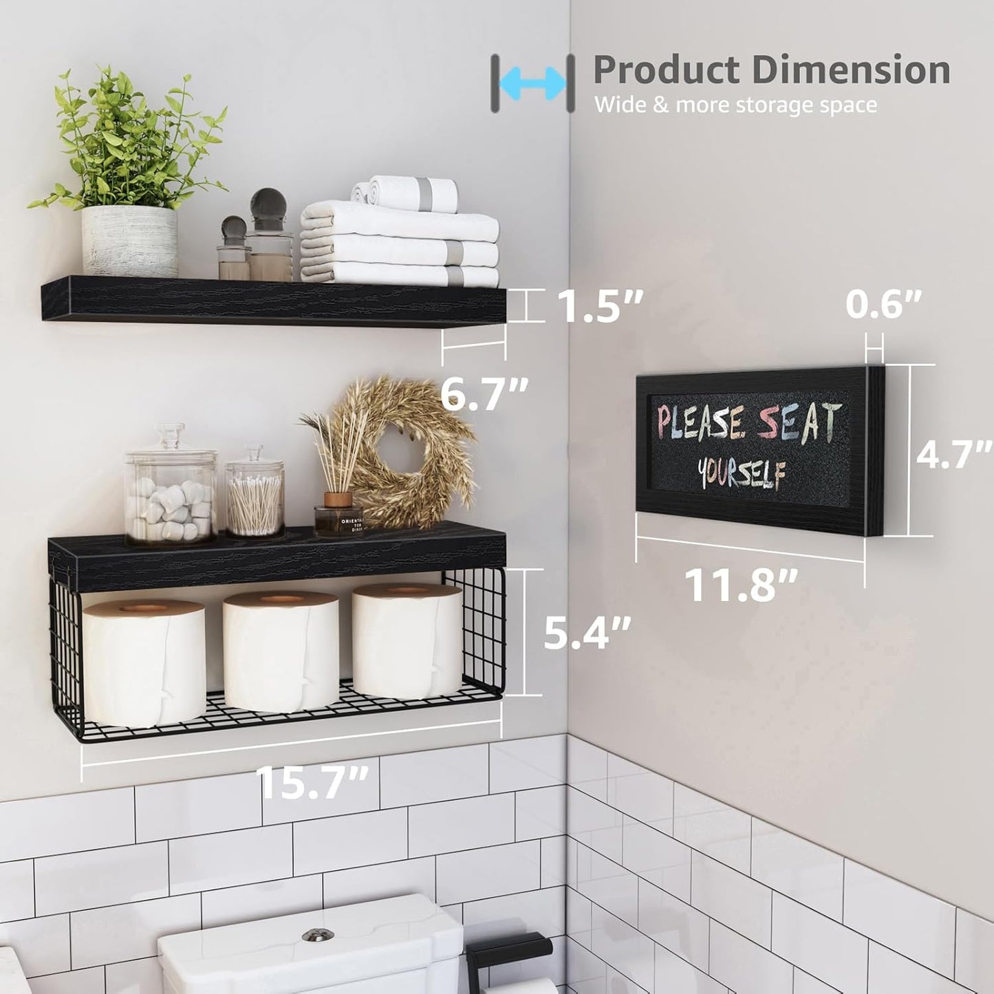 QEEIG Bathroom Shelves Over Toilet - Paper Storage Wall Mounted Farmhouse Decor Decorations Chalkboard Small Floating Shelf 2+1 Set 16 inch, Black (021B)