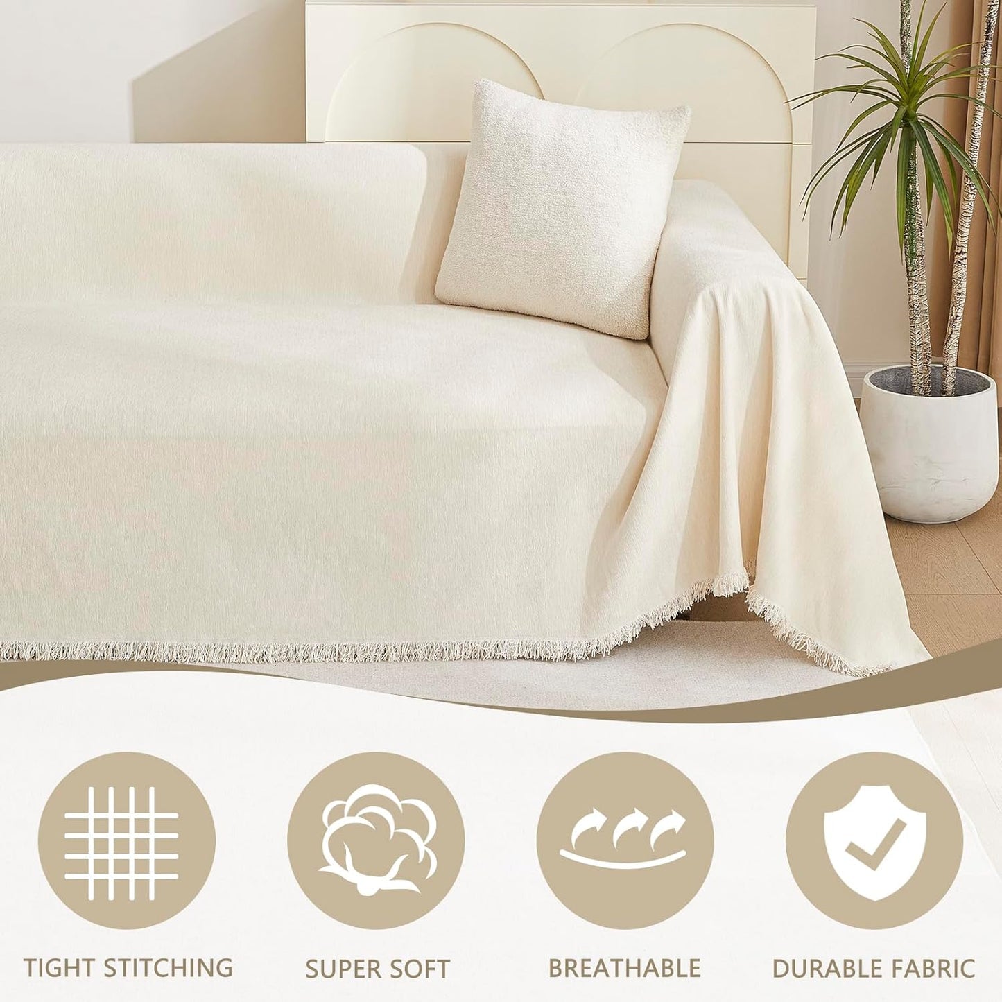 MYSKY HOME Couch Cover for Pets, Beige Couch Covers for 2 Cushion Couch Sofa, Sofa Slipcover Sectional L Shape Chenille Covers for Pets, Throw Couch for Dogs, Kids,71" X118"