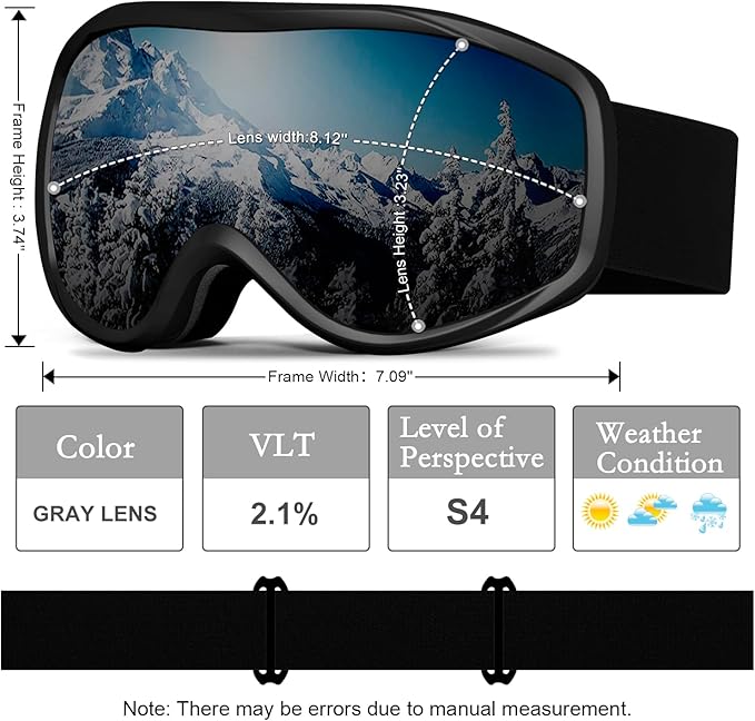 Ski Goggles OTG for Men Women, Anti-Fog Snowboard Goggles UV400 Protection Snow Goggles for Adult Youth