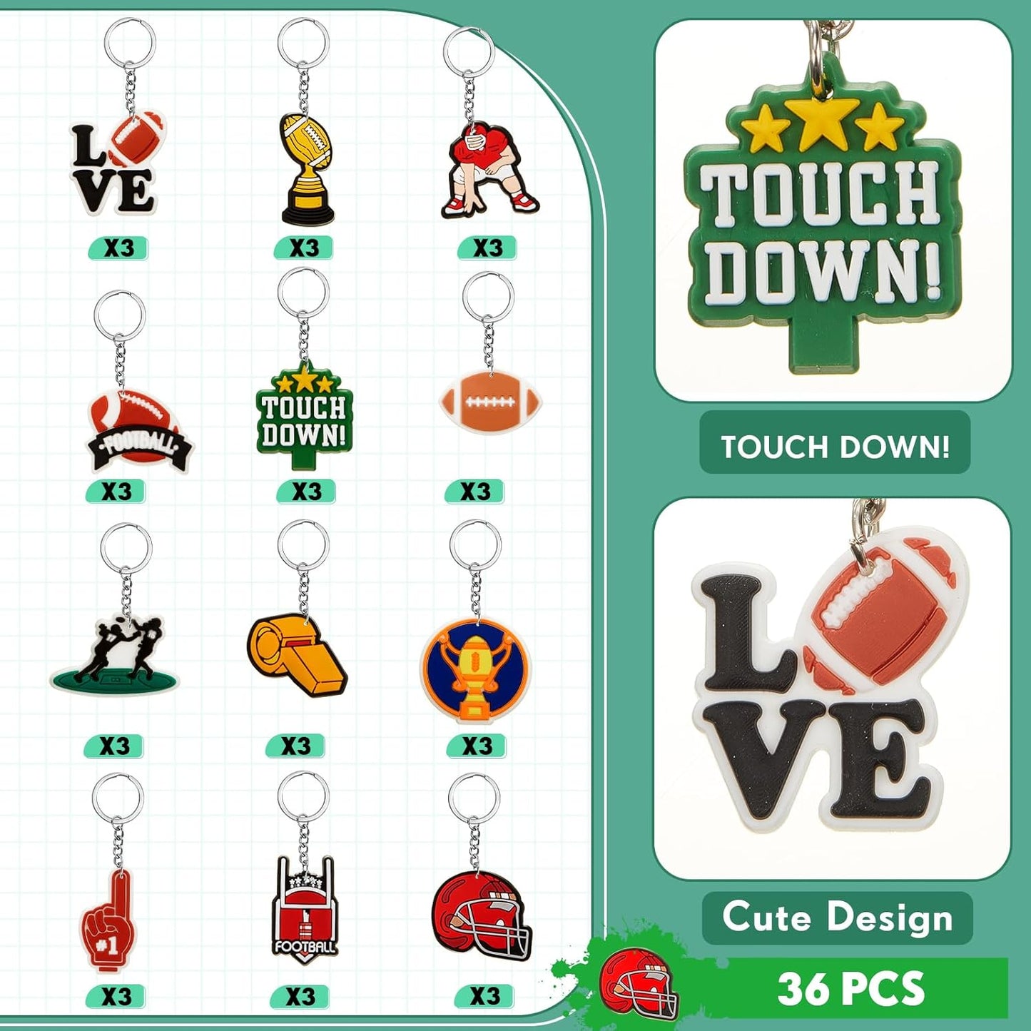 Batiyeer 36 Pack Football Keychains Bulk Party Favors Sports Ball Key Chains Funny Keyring Gifts for Birthday Supplies