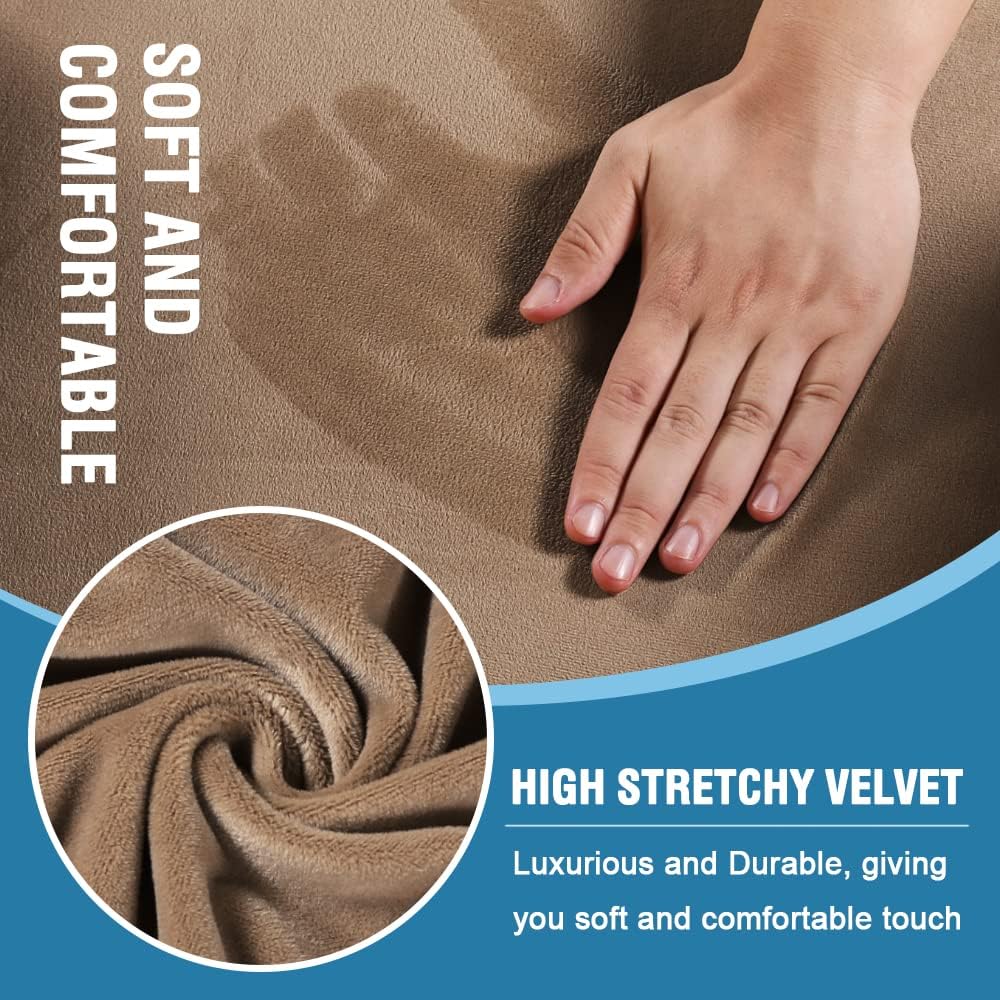 H.VERSAILTEX Sofa Cover 3 Piece T Cushion Loveseat Slipcovers Thick Velvet Couch Cover Furniture Protector Stretch T Cushion Sofa Covers for 2 Cushion Couch with 2 Individual T Cushion Covers, Camel
