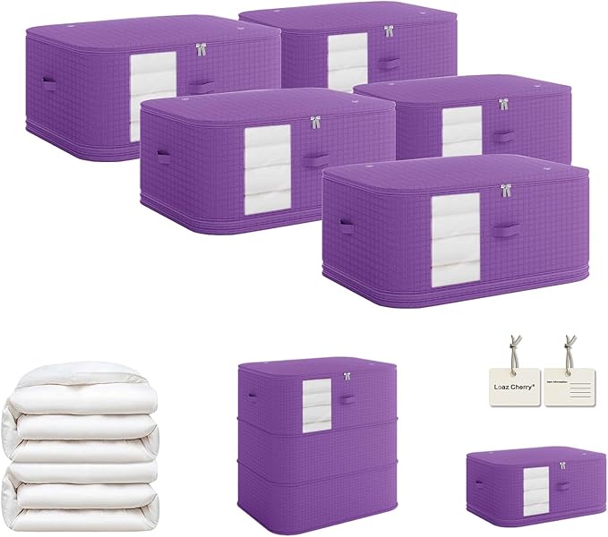 5-piece compressed clothes storage bags, foldable wardrobe storage bags, large-capacity with handles, suitable for sweaters, bed sheets, blankets, down quilts, pillows, toys, etc.（purple）
