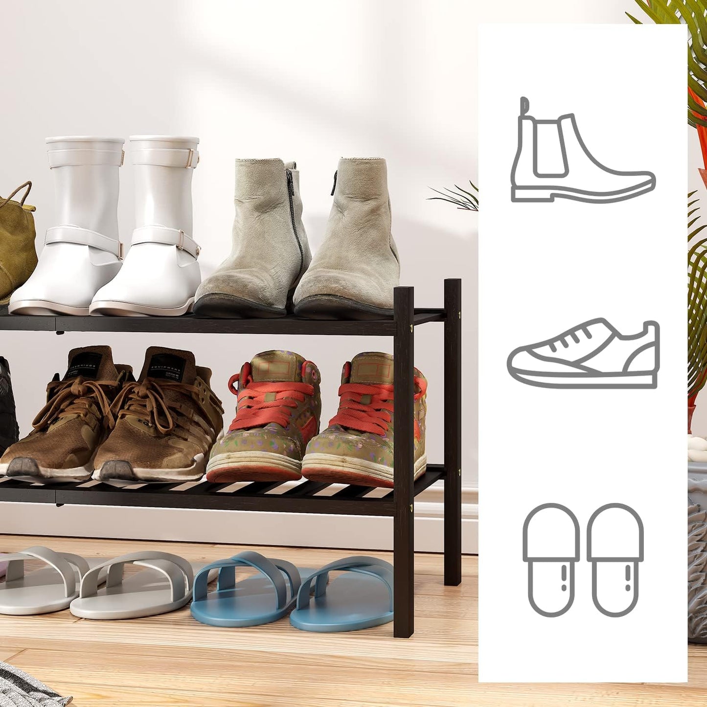 2-Tier Black Bamboo Shoe Rack for Entryway, Stackable | Foldable | Natural, Shoe Shelf Storage Organizer for Hallway Closet, Free Standing Shoe Racks for Indoor Outdoor