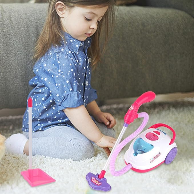 Kids Cleaning Toy Set, Includes Toy Vacuum, 2 Broom, 2 Dustpan ABS Vacuum with Light & Sound Battery Operated for Educational Pretend Play
