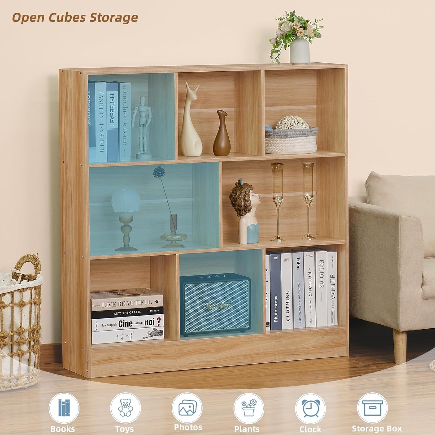 LEYAOYAO 8 Cube Bookshelf with Base,3 Tier Mid-Century Modern Natural Bookcase,Standing Wide Bookshelves Storage Organizer Shelf,Rustic Wood Display Cabinet Book Shelves for Bedroom,Living Room,Office