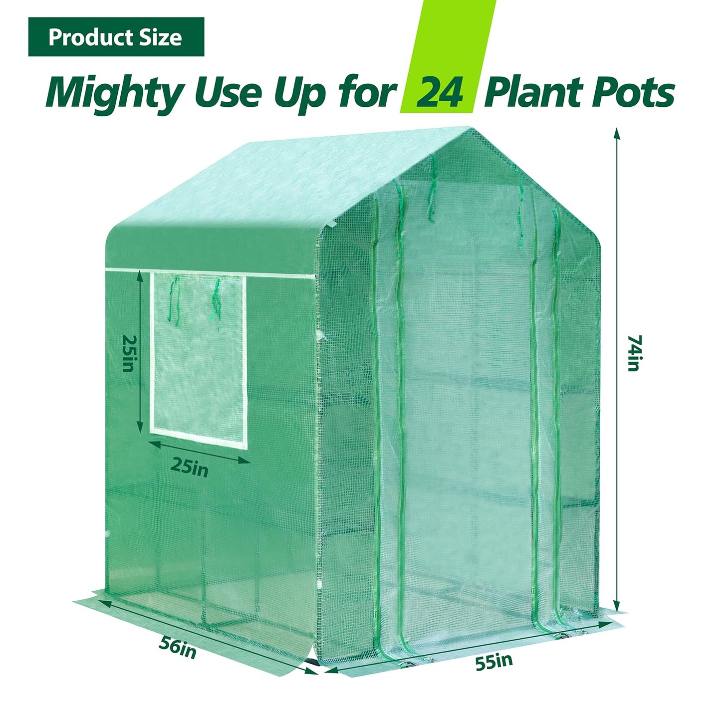 Solayis 56"×55"×74" Walk-in Garden Greenhouse | Thickened PE Cover & Heavy Duty Steel Frame | 3 Tiers 4 Shelves, Mesh Door & Windows | Portable for Indoor Outdoor Use (Green)