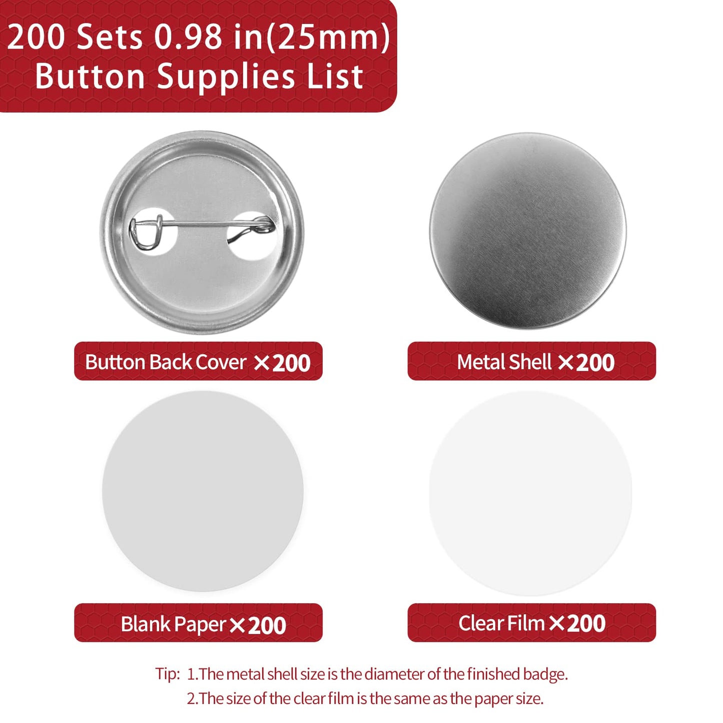 Onemorello 200 Sets Button Maker Supplies, 25mm / 0.98 inch Button Supplies Buttons Parts, (Approx. 1 inch) Metal Blank Badge Parts with Blank Paper for Buttons Maker Machine Pin Maker Press