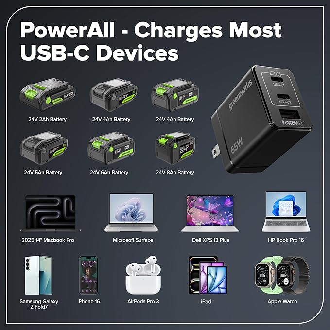 GREENWORKS 24V 1/2” Brushless Cordless Drill (800 In-lbs.), 4.0Ah (24,000mAh Power Bank) USB-C Battery, 3.3 FT Braided Cable, 65W Rapid Charger